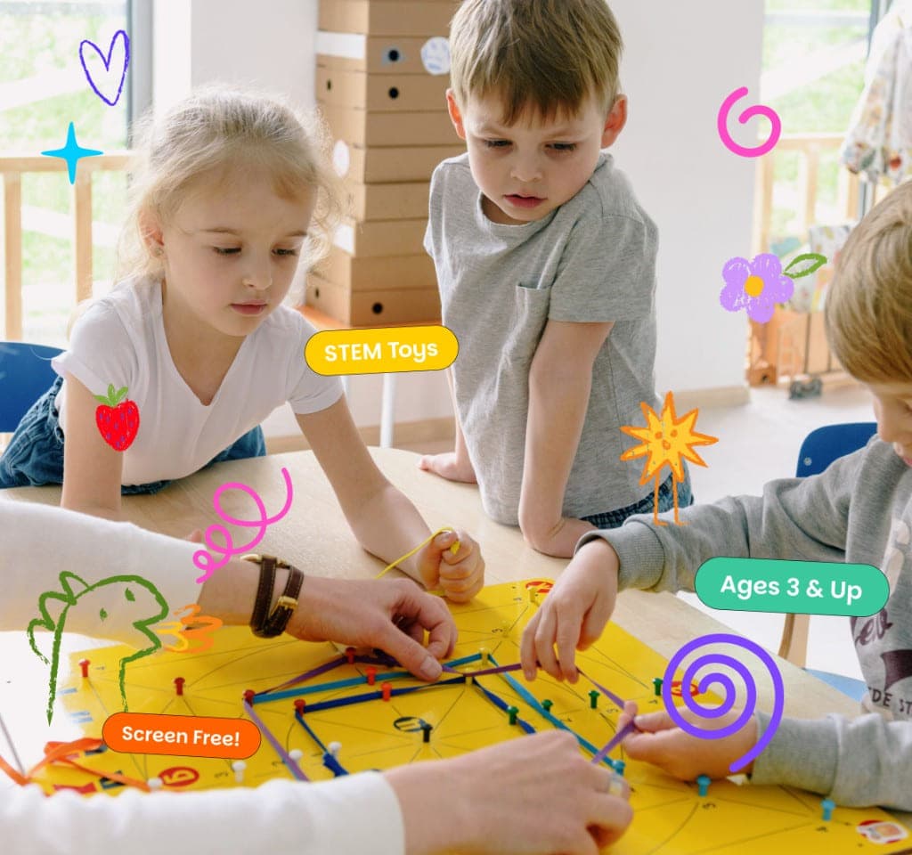 Children building shapes together on a geoboard STEM kit